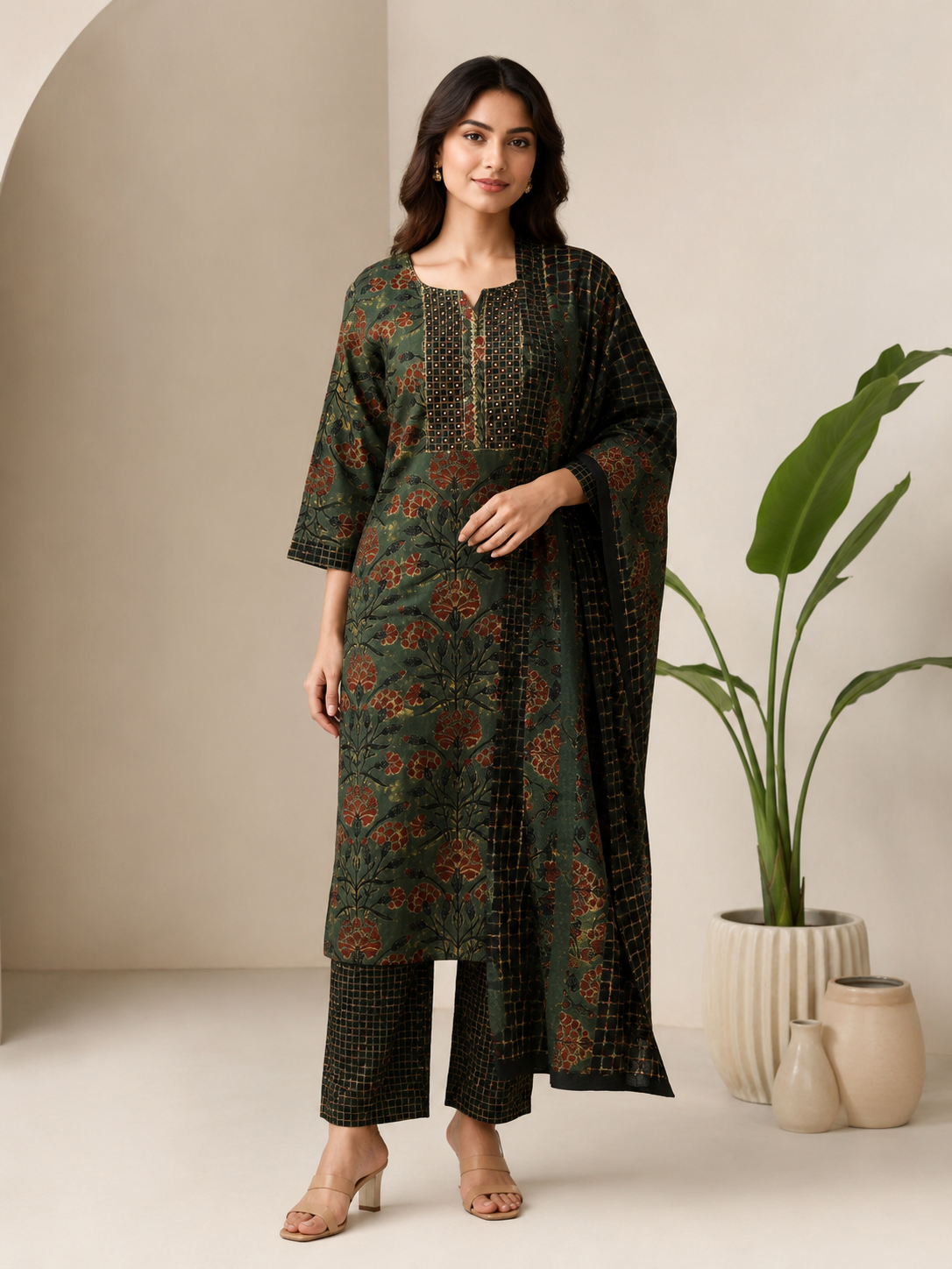Olive Green Cotton Printed Kurta Set with Dupatta